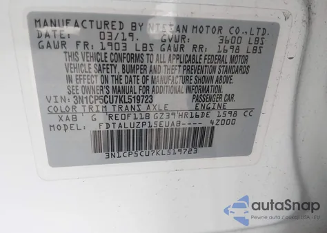 2019 Nissan Kicks Sr из США, поврежденный, VIN 3N1CP5CU7KL519723